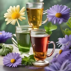Assortment of herbal tea splashes with ingredients like chamomile, mint, and lavender2