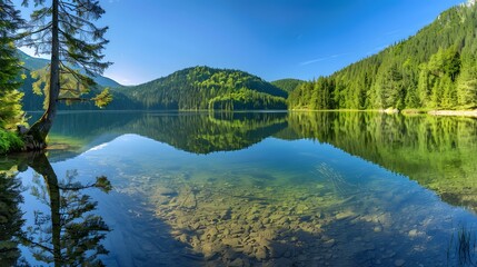Serene lake mirroring a lush forest under a clear blue sky