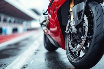 A low-angle close-up photo of a superbike's inverted front forks and powerful braking system.