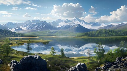 Majestic mountain landscape reflected in tranquil lake waters under a clear sky