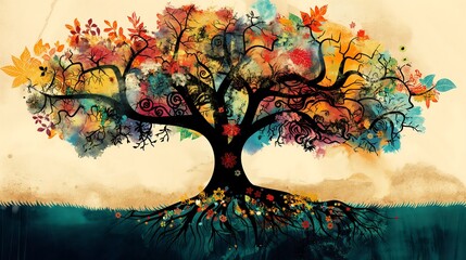 Digital artwork of a surreal tree. The tree's branches and roots intricately intertwine, bursting with a myriad of colorful leaves, flowers, and whimsical patterns against a textured background.