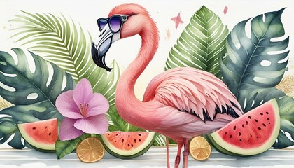 summer illustration watercolor set for design - pink flamingo, hat with a pink bow, monstera leaf, watermelon, purple sunglasses. Watercolor frame