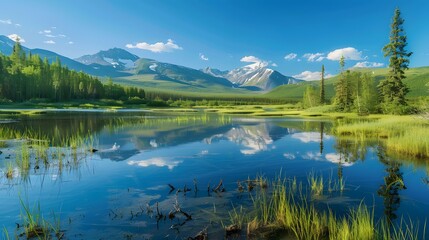 Serenity by the mountain lake with reflections of peaks and clear blue skies