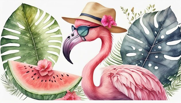 summer illustration watercolor set for design - pink flamingo, hat with a pink bow, monstera leaf, watermelon, purple sunglasses. Watercolor frame