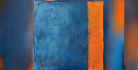 Abstract painting with blue and orange hues, featuring a large central rectangle of deep blue surrounded by varying shades of blue and orange, creating a vibrant and dynamic composition