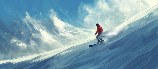 A snowboarder riding on the vast expanses, A fearless rider braves the snowy mountain, carving their way down the steep slope on their snowboard with skill and determination.
