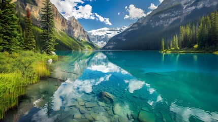 Serenity in nature crystal-clear lake against majestic mountains