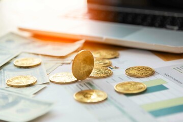 Golden bitcoin with dollar background. conceptual image for  currency.