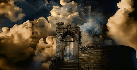 Mystical castle tower entrance with a dark, cloudy sky and bright stars in the background