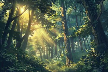 Imagine a serene forest scene from the perspective of a tiny creature looking up Use soft illumination to reveal towering trees and dappled sunlight filtering through leaves in a r