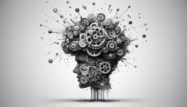 Steampunk wheel and cog machanical Mind blown exploding head brain side profile