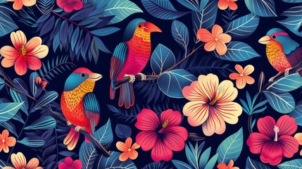 Seamless pattern influenced by vibrant colors of tropical rainforests