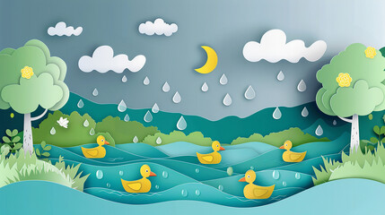 paper cut illustration of yellow duck with nature scenery in summer and rainy season