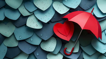 paper cutting of two hearts under umbrella in rainy day