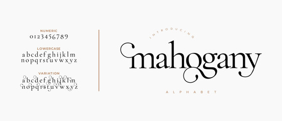 Mahogany elegant font alphabet uppercase lowercase and number. Classic lettering minimal fashion designs. Typography modern serif fonts regular decorative vintage concept. Vector illustration