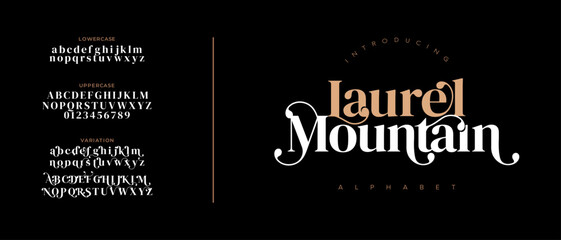 Laurel elegant font alphabet uppercase lowercase and number. Classic lettering minimal fashion designs. Typography modern serif fonts regular decorative vintage concept. Vector illustration
