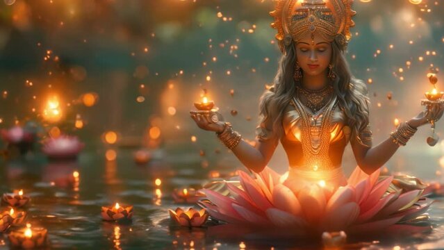 Goddess Lakshmi, seated on a lotus flower, showering coins from her hands, symbolizing prosperity and abundance.