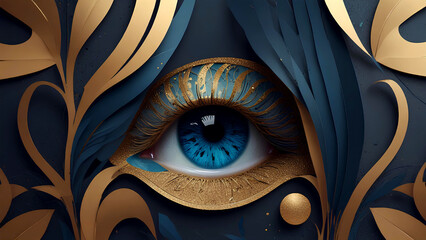 Closeup of beautiful female eye with gold and blue floral ornament, 3D illustration. Created with generative AI
