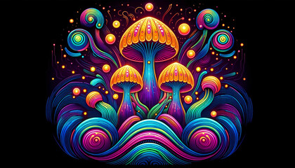 Fototapeta premium Neon rainbow mushrooms psychedelic swirls.