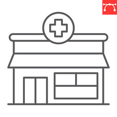 Pharmacy line icon, building and medicine, drugstore vector icon, vector graphics, editable stroke outline sign, eps 10.