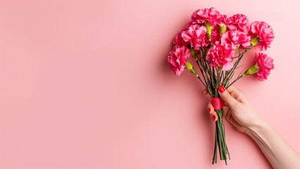 Fototapeta premium bouquet of carnations flowers in a hand