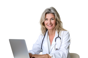 Portrait doctor working with laptop on transparent