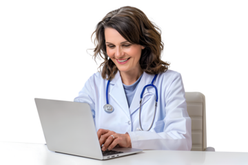 Smilling middle age female doctor working on laptop