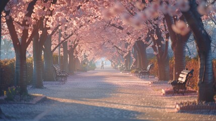 Sakura Cherry blossoming alley. Wonderful scenic park with rows of blooming cherry sakura trees 