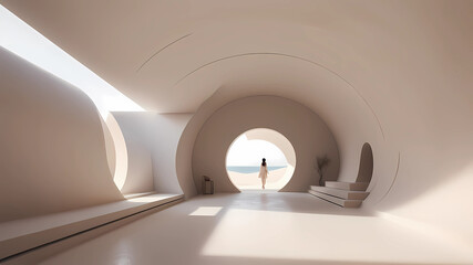 a vertical internal circular cylindre corridor with minimalist space, an ogive circular roof ,white sand --no wall