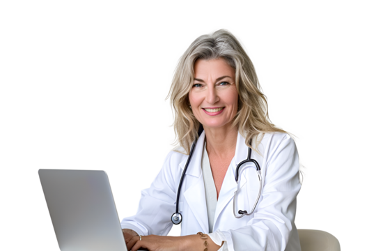 Portrait doctor working with laptop on transparent