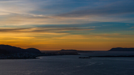 top view of Alesund during a sunset in a sunny evening, Norway