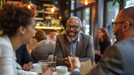 Black African man having business meeting or eating outside with colleagues at a cafe restaurant Mixed multicultural professionals meeting