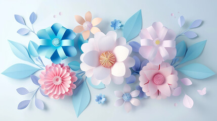 beautiful paper pastel colored flowers on white background