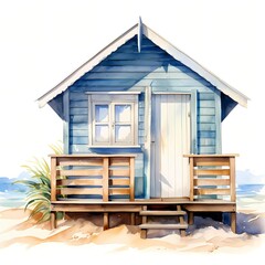 Beach hut. Beautiful beach clipart. Watercolor illustration. Generative AI. Detailed illustration.