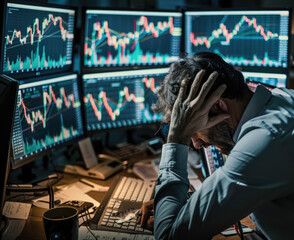 A stressed stock trader surrounded by plunging stock charts on computer monitors, conveying disappointment
