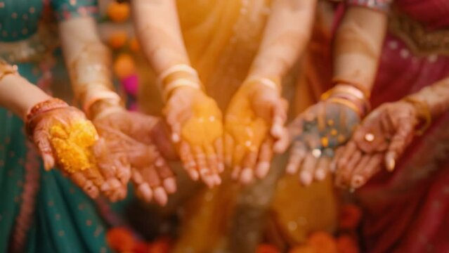 Women dressed in colorful sarees, applying henna designs on each other's hands, emphasizing the cultural aspects of Diwali.