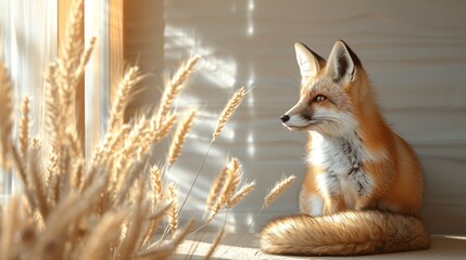 A fox sits elegantly next to a blank canvas, bathed in sunlight, with dried flowers in a calm indoor setting.