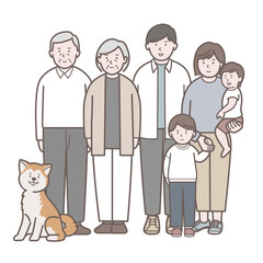 小さい子供と犬の二世帯家族の全身イラスト