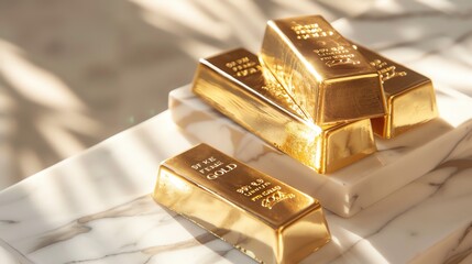 Gleaming gold bars on a marble surface, soft lighting, close view