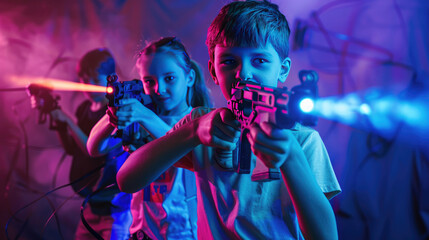 Children Having a Blast in Action-Packed Game with Laser Gun