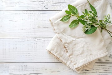 Napkin Kitchen towel or table cloth on white wooden scene Mock up for design Top view mockup