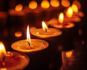 A row of candles are lit, creating a warm and cozy atmosphere
