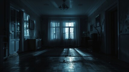 A dark room with a window and a chandelier