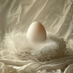 A white egg is sitting on a nest of feathers