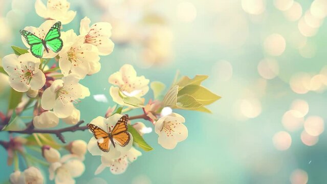 nature background with closeup of spring blossom on brunch over retro blue background. seamless looping overlay 4k virtual video animation background