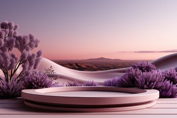 Empty product podium with lavender, ellipse, frosted set against abstract panoramic background with lavender flowers around