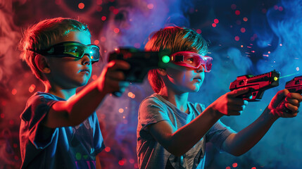 Children Having a Blast in Action-Packed Game with Laser Gun