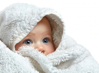 Newborn baby wrapped in a white towel isolated on a white background