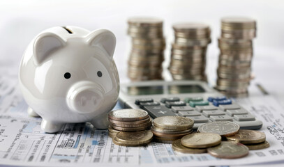 Piggy bank with coins and calculator on financial report background.