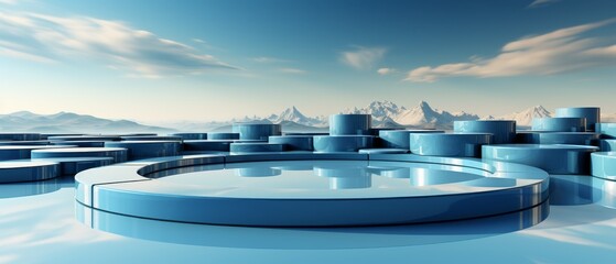 Obraz premium Empty product podium with sky blue, round, glossy set against abstract panoramic background with floating clouds around